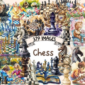 Chess Watercolor Clipart Bundle - 379 PNG Classic Chess Piece Images, Strategic Game Graphics, Instant Digital Download, Commercial Use