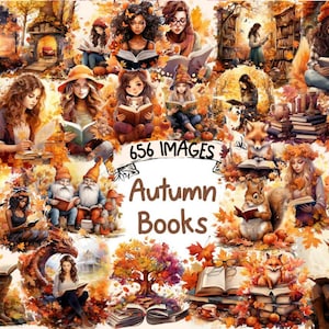Autumn Books Watercolor Clipart Bundle - 656 PNG Fall Book Images, Cute Reading Bookworm Graphics, Instant Digital Download, Commercial Use