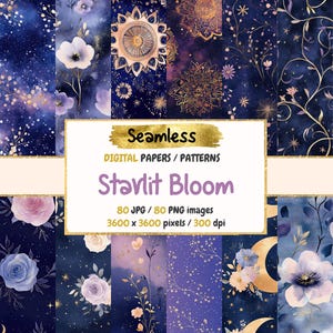 Starlit Bloom Seamless Digital Paper - Celestial Floral Textures, Dreamy Night Garden Backgrounds, Instant Download, Commercial Use