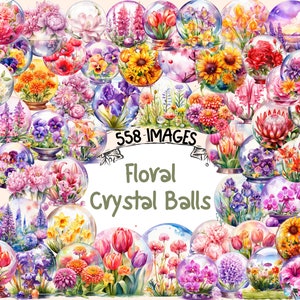 Floral Crystal Balls Watercolor Clipart Bundle - 558 PNG Crystal Ball Images, Flower Graphics, Instant Digital Download, Commercial Use