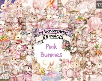 Pink Bunnies Watercolor Clipart: Easter Spring Graphics (Digital Download)