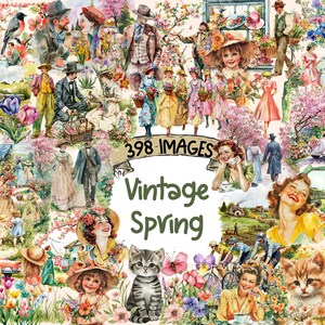 May include: A collage of vintage images featuring people, animals, and nature scenes. The images are set against a background of blooming flowers and trees. The text "398 IMAGES Vintage Spring" is displayed in the center of the collage.