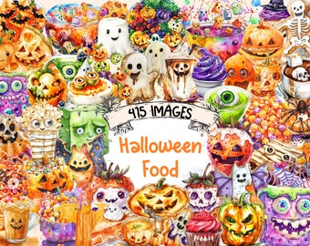 Halloween Food Watercolor Clipart Bundle: 415 Spooky PNG Images (Digital Download)