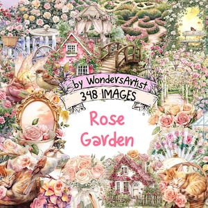 Rose Garden Watercolor Clipart - 348 PNG Elegant Floral Graphics, Blooming Rose Print Illustrations, Instant Digital Download,Commercial Use