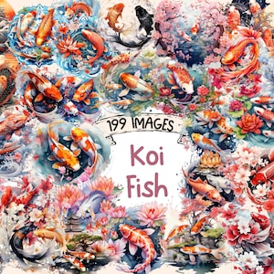 Koi Fish Watercolor Clipart Bundle - 199 PNG Japanese Fish Images, Coral Floral Blossom Graphics, Instant Digital Download, Commercial Use