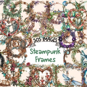 Könnte beinhalten: Eine Sammlung von 505 digitalen Bildern mit Steampunk-Rahmen. Die Rahmen sind mit Zahnrädern, Zahnrädern, Blumen, Schmetterlingen und anderen filigranen Details verziert. Der Text "Steampunk Frames" wird in der Mitte des Bildes angezeigt.