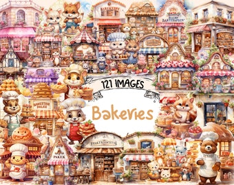 Bakeries Watercolor Clipart Bundle - 121 PNG Bakery Images, Sweet Treat Graphics, Pastry Printables, Instant Digital Download,Commercial Use