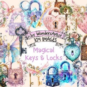 Magical Keys & Locks Watercolor Clipart Bundle - 104 PNG Key and Lock Images, Enchanting Illustrations, Instant Download, Commercial Use