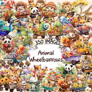 Animal Wheelbarrows Watercolor Clipart Bundle - 350 PNG Cute Adorable Images, Playful Graphics, Instant Digital Download, Commercial Use
