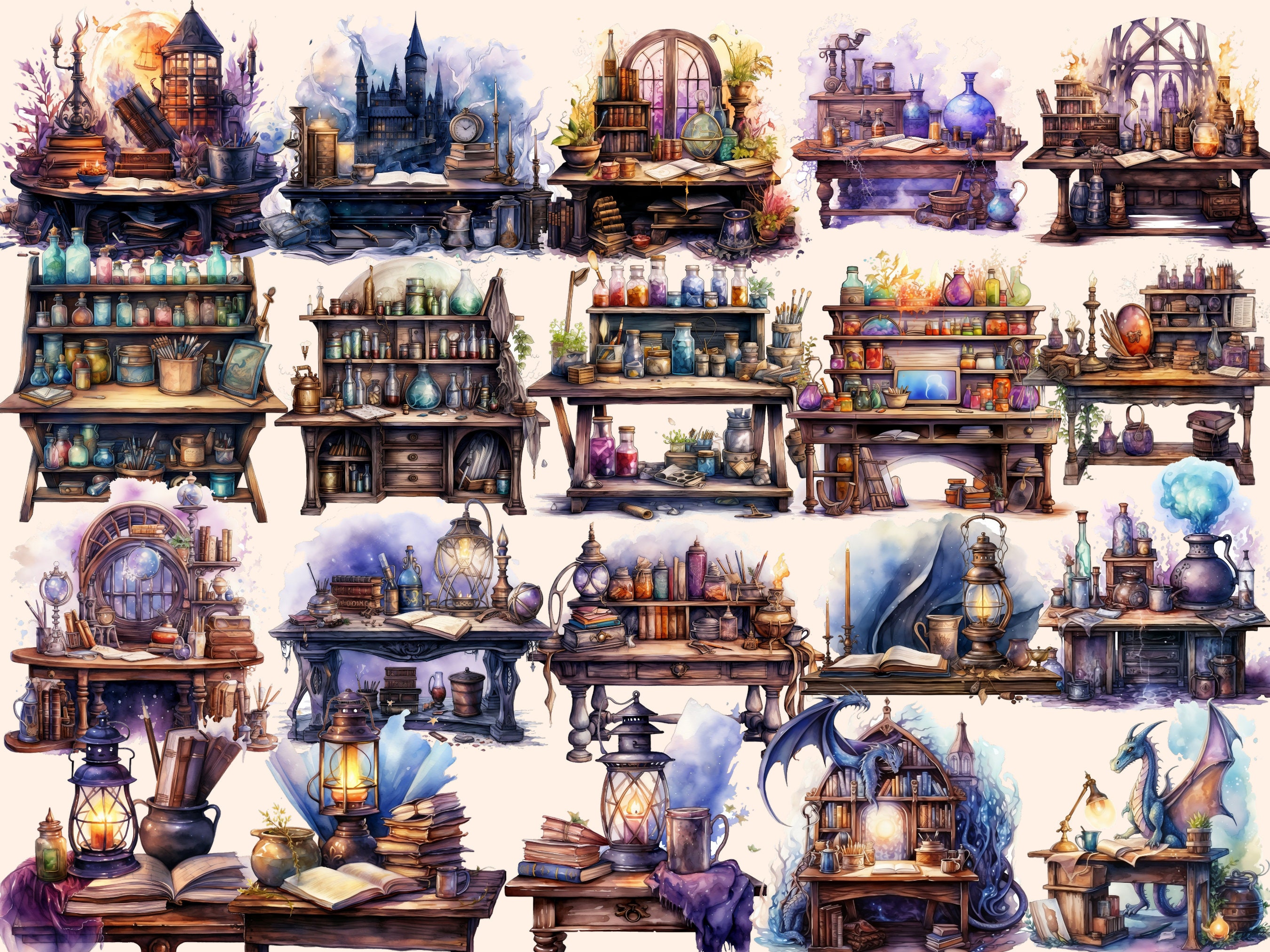 Watercolor Wizard Desk Clipart Bundle: 181 Magical PNG Images (digital ...