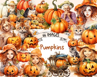 Aquarell-Kürbis-Clipart-Paket: 66 Herbst-Halloween-PNG-Bilder (Digitaler Download)