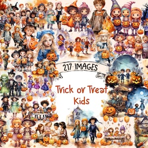 Watercolor Halloween Clipart Bundle: Trick or Treat Kids (217 PNG Images) (Digital Download)