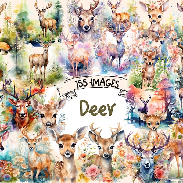 Deer Watercolor Clipart Bundle - 155 PNG Doe Images, Wildlife Graphics, Nature Woodland Printables,Instant Digital Download,Commercial Use