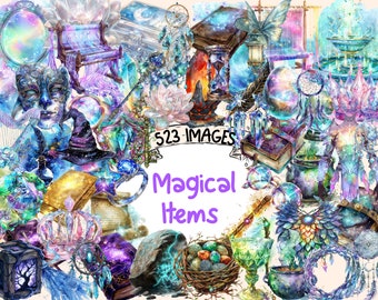 Magical Items Watercolor Clipart Bundle - 523 PNG Enchanted Object Images, Mystical Artifact Graphics,Instant Digital Download,Commercial Us