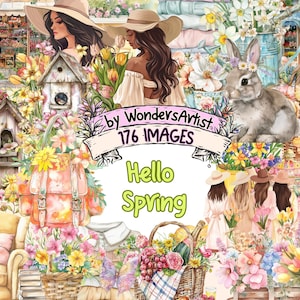 Hello Spring Watercolor Clipart Bundle - 176 PNG Fresh Flower Images, Blooming Springtime Graphics, Instant Digital Download, Commercial Use