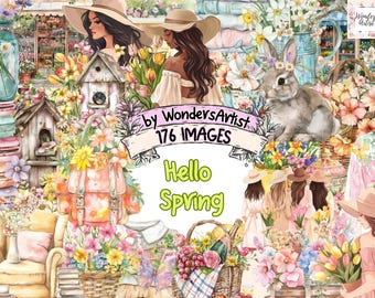 Hello Spring Watercolor Clipart Bundle: 176 Fresh Flower PNG Images (Commercial Use) (Digital Download)