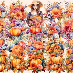 K&ouml;nnte beinhalten: Ein Aquarellbild mit einer Vielzahl von Herbstblumen und K&uuml;rbissen. Die Blumen sind in Orange-, Gelb-, Rot-, Lila- und Blaut&ouml;nen gehalten. Die K&uuml;rbisse sind orange und haben verschiedene Gr&ouml;&szlig;en und Formen. Das Bild ist vor einem hellbeigen Hintergrund angeordnet.