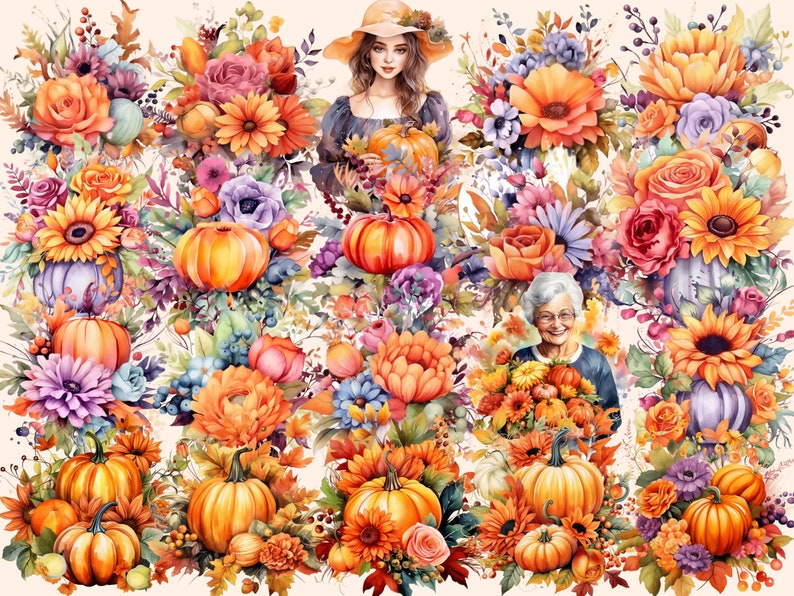 K&ouml;nnte beinhalten: Ein Aquarellbild mit einer Vielzahl von Herbstblumen und K&uuml;rbissen. Die Blumen sind in Orange-, Gelb-, Rot-, Lila- und Blaut&ouml;nen gehalten. Die K&uuml;rbisse sind orange und haben verschiedene Gr&ouml;&szlig;en und Formen. Das Bild ist vor einem hellbeigen Hintergrund angeordnet.
