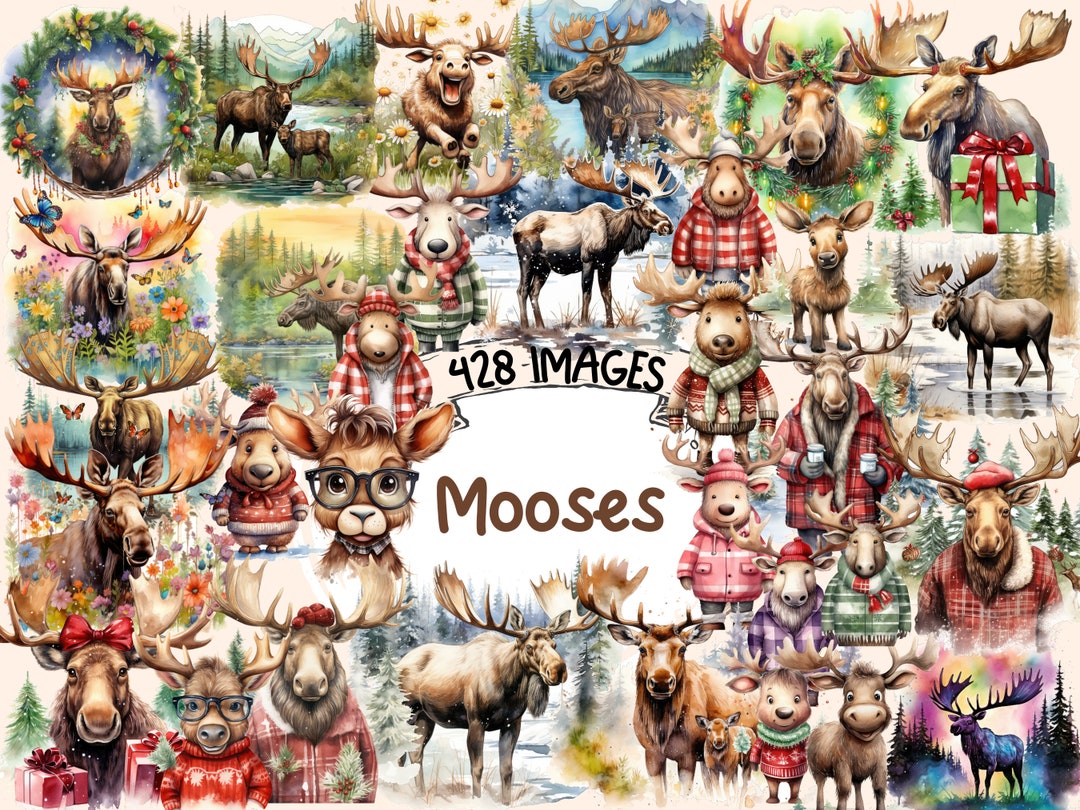 Watercolor Moose Clipart Bundle: 428 PNG Wildlife Graphics (digital ...
