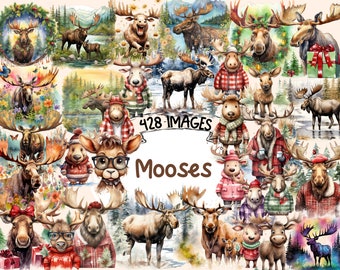 Mooses Watercolor Clipart Bundle - 428 PNG Moose Images, Majestic Wildlife Graphics, Nautre Graphics,Instant Digital Download,Commercial Use