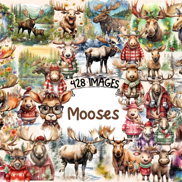 Mooses Watercolor Clipart Bundle - 428 PNG Moose Images, Majestic Wildlife Graphics, Nautre Graphics,Instant Digital Download,Commercial Use