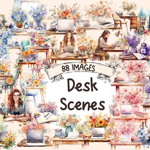 Desk Scenes Watercolor Clipart Bundle - 88 PNG Planner Images, Workspace Cozy Office Graphics, Instant Digital Download, Commercial Use