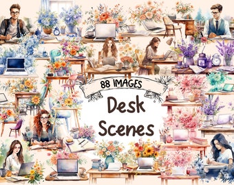 Watercolor Desk Scenes Clipart Bundle: Cozy Office PNG Images (Digital Download)