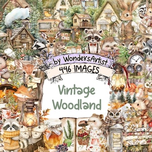 Vintage Woodland Clipart - 446 PNG Rustic Forest Graphics, Retro Nature Animal Print Illustrations, Instant Digital Download, Commercial Use