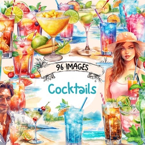 Pacchetto di clipart di cocktail ad acquerello - 96 immagini PNG di deliziosi drink per feste estive in spiaggia, PNG, download digitale istantaneo, uso commerciale