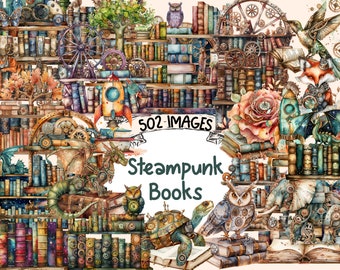 Steampunk Books Watercolor Clipart Bundle - 502 PNG Retro-Futuristic Book Images, Literary Graphics, Instant Digital Download,Commercial Use