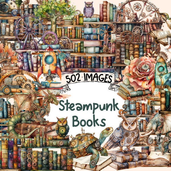Steampunk Books Watercolor Clipart Bundle - 502 PNG Retro-Futuristic Book Images, Literary Graphics, Instant Digital Download,Commercial Use