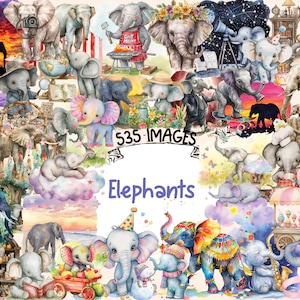 Elephants Watercolor Clipart Bundle - 535 PNG Majestic Baby Elephant Images, Safari Animal Graphics, Instant Digital Download,Commercial Use