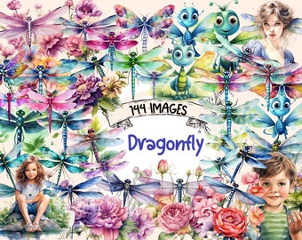 Dragonflies Watercolor Clipart Bundle - 144 PNG Spring Images, Insect Graphics, Nature Printables,Instant Digital Download,Commercial Use