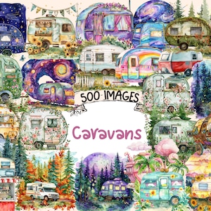 Paquete de imágenes prediseñadas de caravanas en acuarela: 500 imágenes PNG de caravanas de viaje, gráficos de casas móviles para carreteras, descarga digital instantánea, uso comercial