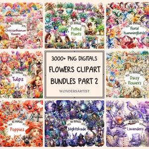 Flowers Clipart Watercolor Premium Bundles P2 - 3000+ PNG Graphics, Colorful Blooms,Charming Flowers,Instant Digital Download,Commercial Use