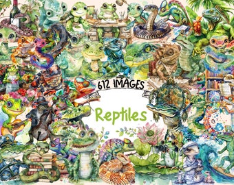 Reptiles Watercolor Clipart Bundle - 612 PNG Scaly Reptilian Images, Lizard Creature Graphics, Instant Digital Download, Commercial Use