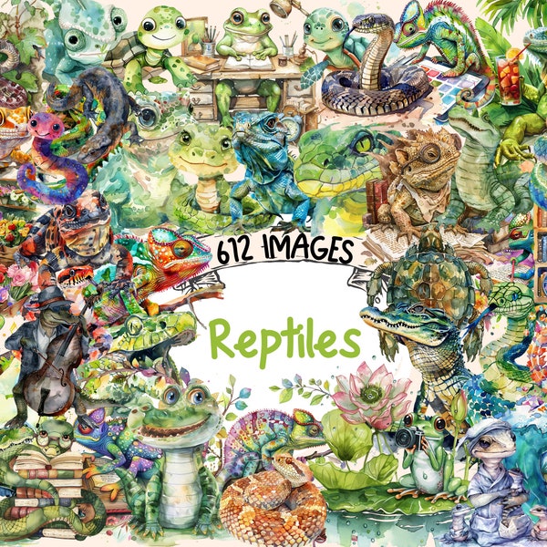 Bundle de cliparts aquarelle reptiles - 612 images reptiliennes écailleuses PNG, graphismes créature lézard, téléchargement numérique instantané, usage Commercial