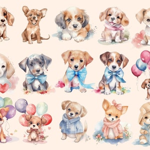 May include: Watercolor illustrations of various breeds of puppies in different poses. Some puppies are wearing bow ties, others are holding hearts, and some are surrounded by colorful balloons. The illustrations are painted in a soft, whimsical style.