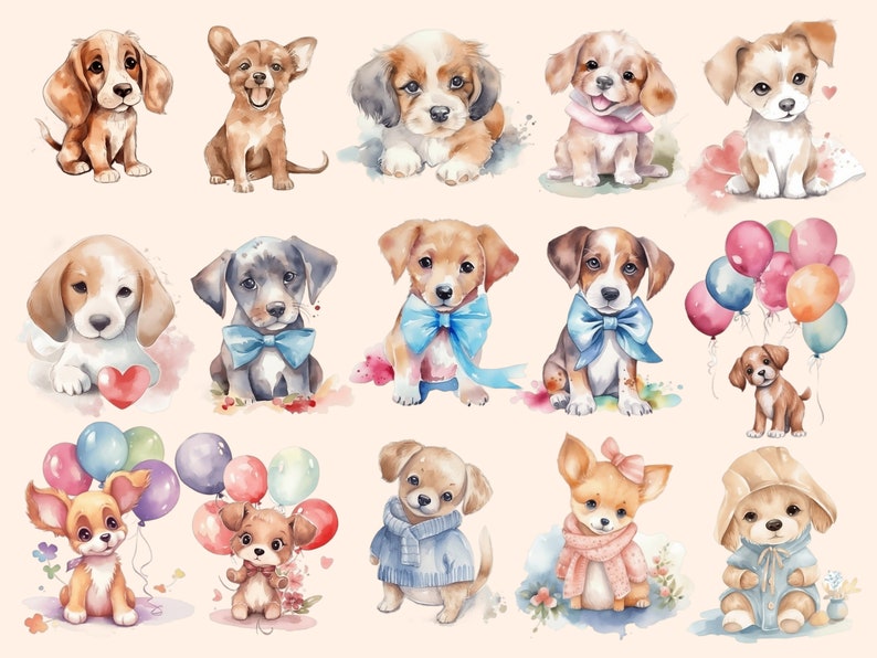 May include: Watercolor illustrations of various breeds of puppies in different poses. Some puppies are wearing bow ties, others are holding hearts, and some are surrounded by colorful balloons. The illustrations are painted in a soft, whimsical style.