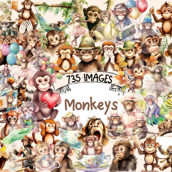 Monkeys Watercolor Clipart Bundle - 735 Jungle Animals, Cute Animal Graphics, Nursery Images, PNG, Instant Digital Download, Commercial Use