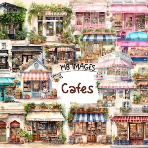 Cafes Watercolor Clipart Bundle - 148 PNG Cafe Images, Cozy Coffee Shop Graphics, Charming Bistro, Instant Digital Download, Commercial Use