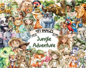 Jungle Adventure Watercolor Clipart Bundle: 491 PNG Exotic Safari Images (Digital Download)
