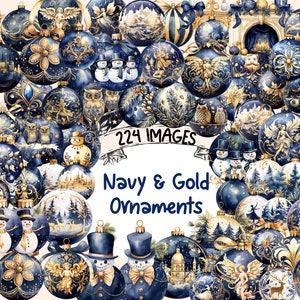 Navy Blue & Gold Christmas Ornaments Watercolor Clipart (Digital Download)