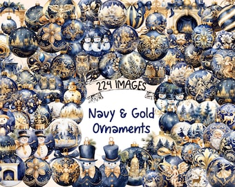 Navy Blue & Gold Christmas Ornaments Watercolor Clipart Bundle - 224 PNG Festive Tree Ball Images, Instant Digital Download, Commercial Use