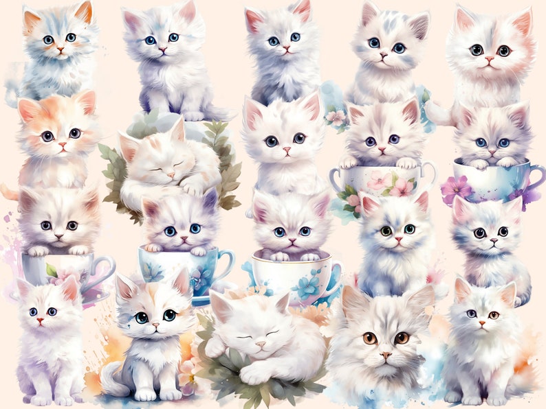 White Cats Watercolor Clipart Bundle 158 PNG White Cat Images, Elegant Feline Graphics, Cute Kitty,Instant Digital Download,Commercial Use image 8