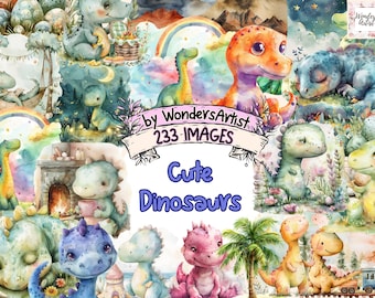 Könnte beinhalten: Eine digitale Collage aus Aquarell-Illustrationen mit niedlichen Dinosauriern in verschiedenen Posen und Umgebungen. Die Dinosaurier sind in verschiedenen Farben dargestellt, darunter Grün, Blau, Pink und Orange. Die Collage enthält Regenbögen, Wolken, Sterne und andere fantasievolle Elemente. Der Text "By WondersArtist 233 Images Cute Dinosaurs" wird in einem Banner am unteren Rand der Collage angezeigt.