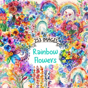 Rainbow Flowers Watercolor Clipart Bundle - 253 PNG Multicolored Floral Images, Blossom Graphics, Instant Digital Download, Commercial Use