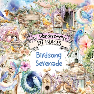 Birdsong Serenade Watercolor Clipart - 197 PNG Spring Bird Graphics, Floral Melody Illustrations, Instant Digital Download, Commercial Use