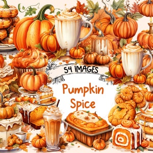 Pumpkin Spice Watercolor Clipart Bundle - 54 PNG Cozy Fall Images, Pumpkins Graphics, Autumn Drinks, Instant Digital Download,Commercial Use