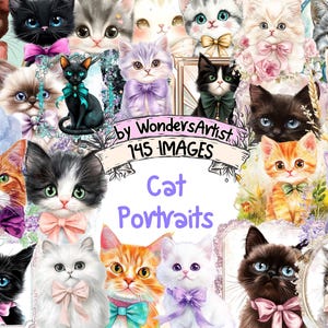 Cat Portraits Watercolor Clipart Bundle - 145 PNG Cute Kitty Images, Artistic Pet Illustrations, Pets Art, Instant Download, Commercial Use